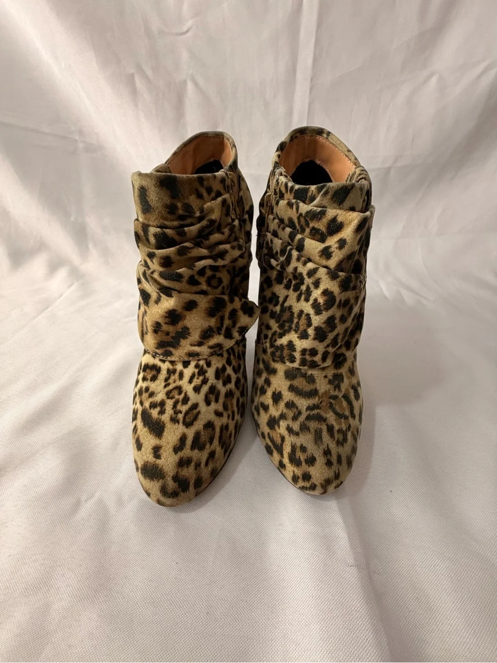 Glaze Leopard Print Ruched Ankle Booties in Tan and Black